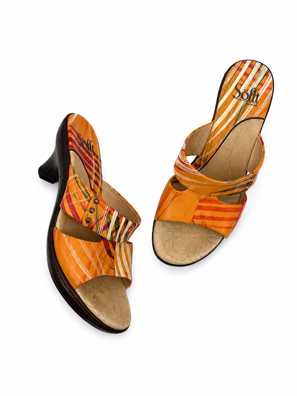 Sofft Orange Leather Kitten Heels Sandals Size 6.5M Colorful Tropical